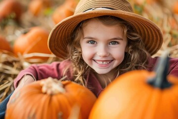 Young girl smiling in a pumpkin patch - obrazy, fototapety, plakaty