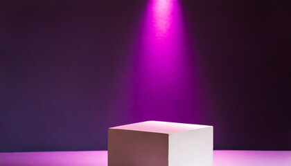 Empty square pedestal for product displays with lighting on purple studio background
