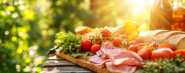 A wooden picnic table adorned with a selection of tasty ham, fresh vegetables, and artisan bread, complemented by natural sunlight filtering through t
