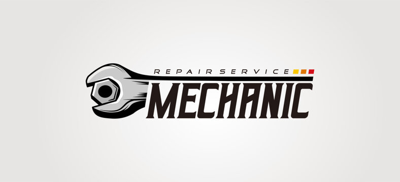 Machine mechanic logo design template with wrench and bolt symbols