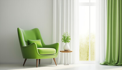 Vibrant Green Armchair in a Bright Room with Sheer Curtains and Minimalist Decor