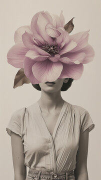 Vintage art poster of girl with pink flower instead of a head retro style. Art collage. Retro style,