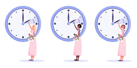 Daylight Saving Time concept. Spring forward vector illustration set. Flat style clock and diverse ethnicity women with flowers in pastel colors.