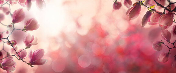 Pink blossom background border with bud and flower against sunny bokeh glitter