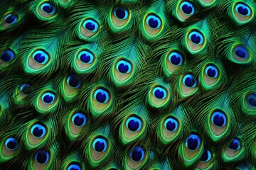 Fototapeta premium Beautiful closeup peacock green and blue luminous feathers pattern. Macro texture of colorful fluffy plumage from tropical bird. Minimal natural fashion concept