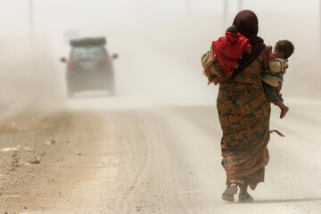 A weary refugee woman walks along a dusty road, carrying a young child on her hip, with a distant expression reflecting both hardship and hope.