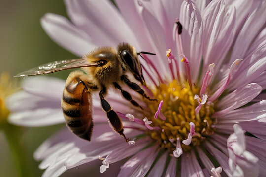 Extreme close-up of a honeybee collecting nectar from a blooming flower.