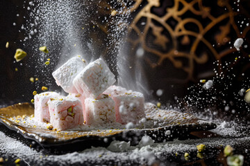 Delicate rosewater-infused Turkish delight, elegantly dusted with powdered sugar and pistachio crumbs, set against a backdrop of intricate arabesque p