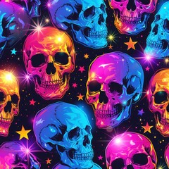 seamless illustration of neon bright human skulls and stars