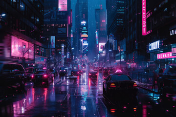 The vibrant digital city at night, showcasing neon lights, futuristic skyscrapers, and fast-moving vehicles with a high contrast, cyberpunk-inspired a