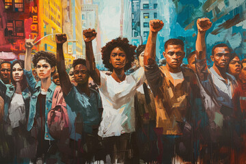 A diverse group of individuals standing in solidarity with their fists raised, set against the backdrop of a vibrant, bustling city. - obrazy, fototapety, plakaty