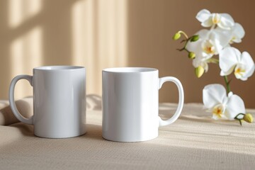 Obraz na płótnie Canvas Two white coffee mug mockup with orchid flower. Empty cup mock up for design. Front view.