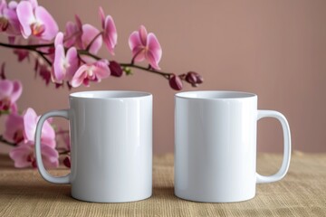 Fototapeta na wymiar Two white coffee mug mockup with orchid flower. Empty cup mock up for design. Front view.