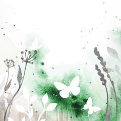 Fototapeta na wymiar Spring vector watercolor illustration with herbs, flowers and butterflies in gray and green colors. Nature template for invitation, poster, flyer, banner, card