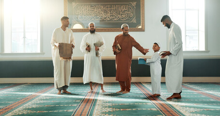 Islam, men and together in mosque for religion, spirituality or learning in Ramadan class for prayer to God. Muslim friends, family or people and community for culture, Eid Mubarak or praise to Allah - obrazy, fototapety, plakaty