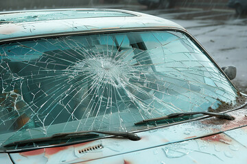 Obraz premium car get damaged by accident on the road car accident, damage, collision, body corrosion, old cars, rotten, cracked paint, peeling coating, broken vehicle parts, environmental damage, dangerous driving