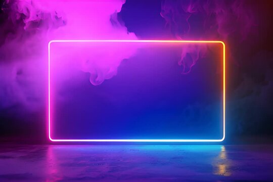 Abstract minimal neon background with pink blue and yellow rectangle frame & moving smoke. Dance stage with reflective floor & copy space. Illuminated cloud around glowing laser light geometric shape