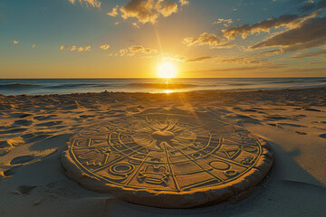 A serene beach setting with zodiac sign creatively depicted in the sand, illuminated by the warm glow of the sunset.
