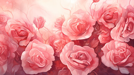 Watercolor bouquet pink roses background. Roses in full bloom, with delicate petals.