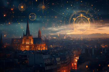 A cityscape at dusk, with the horoscope symbols subtly integrated into the architecture and city lights, evoking a sense of urban mysticism.