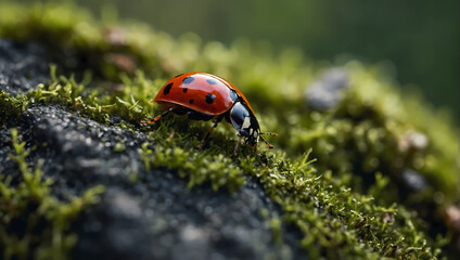 Extreme close-up of a ladybug crawling on a moss-covered rock.