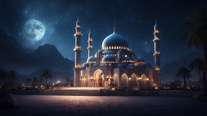 The night of power wallpaper. A mosque at night with the moon and stars. Beautiful islamic celebration background. AI Generated
