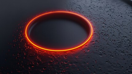 Black Surface with Embossed Shape and Orange Illuminated Trim. Tech Background with Neon Circle.  .