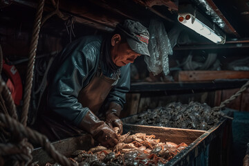 The sorting of freshly caught crabs in the confined hull of a fishing boat, emphasizing urgency and intensity.