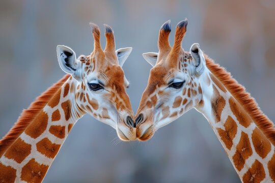 Two giraffes gently kissing each other's. Concepts: love, Valentine's Day, care, warmth