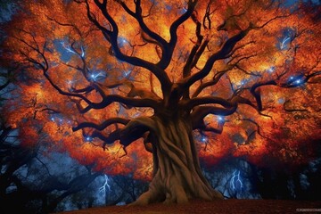 A captivating view: a tree adorned with fiery magical hues. Generative AI