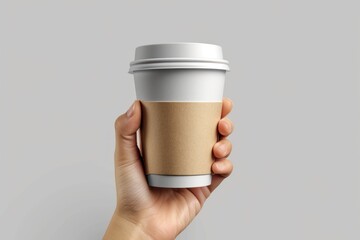 Paper coffee cup with plastic cap in a hand mockup template, isolated on light grey background. High resolution.