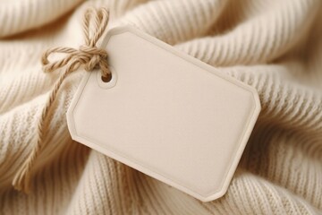 Label and Tag on beige velveteen fabric. mockup for design close up - obrazy, fototapety, plakaty