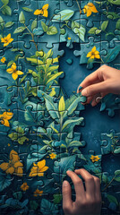 Hands connecting jigsaw puzzle pieces with yellow flowers on blue background