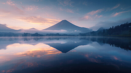 Fototapeta na wymiar Peaceful dawn with reflective lake at the foot of a volcanic mountain