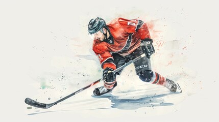 Professional hockey player in action, players sliding on ice arena, cartoon illustration