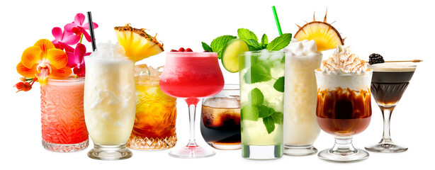 Set and collection of classic alcohol cocktails or mocktail isolated on white background with fresh summer fruits