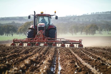 Fototapeta premium Closeup of tractor and seeder dry sowing crop in the Avon Valley, Western
