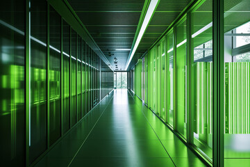 A green data center featuring advanced cooling technologies and energy-efficient server infrastructure, showcasing the integration of sustainable practices and futuristic design elements.