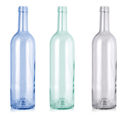 Set of Clear Wine Bottles isolated white background with clipping path