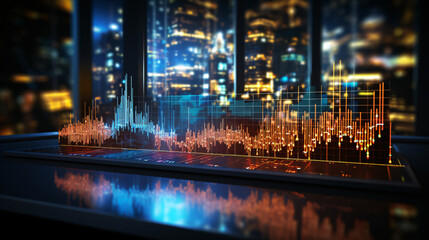 Financial chart on computer screen with a city skyline blurred background. Financial data indicators on a monitor, precisionist lines and shapes, projection mapping.