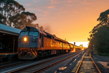 Fototapeta premium Coal train passing Singleton station at sunrise