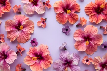 vibrant hibiscus flowers scattered gracefully against a soft purple background - obrazy, fototapety, plakaty