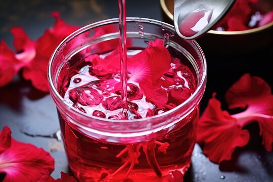 Hibiscus Infusion: Hibiscus flowers infusing in hot water.