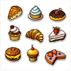 Set of stickers with different cakes and pastries.