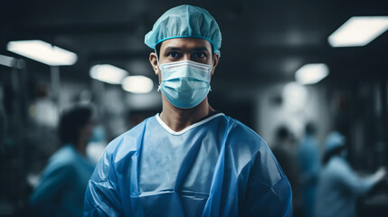 Surgeon wearing a coat, hat, and mask, ready to work and with a serious look on his face.
