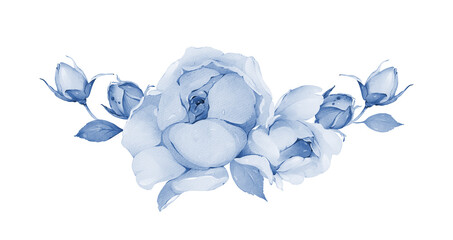 Watercolor illustration with a delicate bouquet of roses for wedding cards and invitations in indigo tones