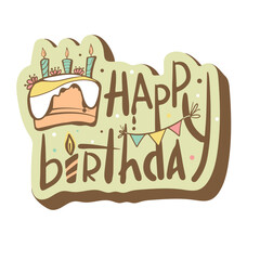 Text happy birthday with cake, flags and candles . Birthday party concept picture. Sticker style for banner, postcard.