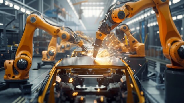 AI robot arms assembling a car part in car industry
