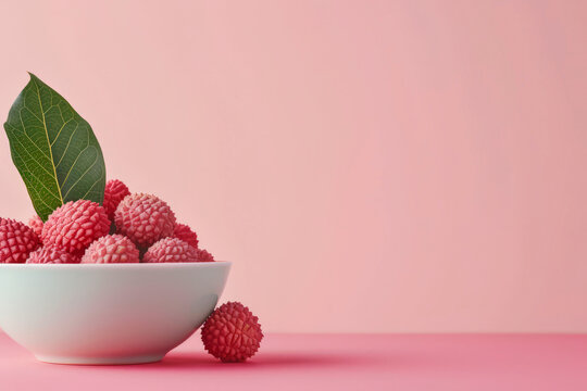 Fresh lychee in a bowl on a light pink background
