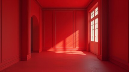 Empty space in red color. Studio room with window